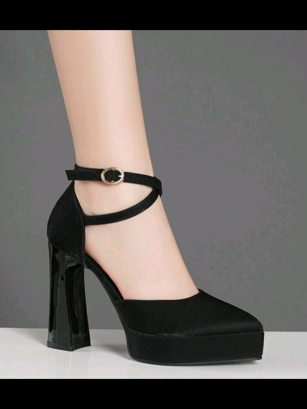 Black Platform Ankle-Strap High Block Heels
